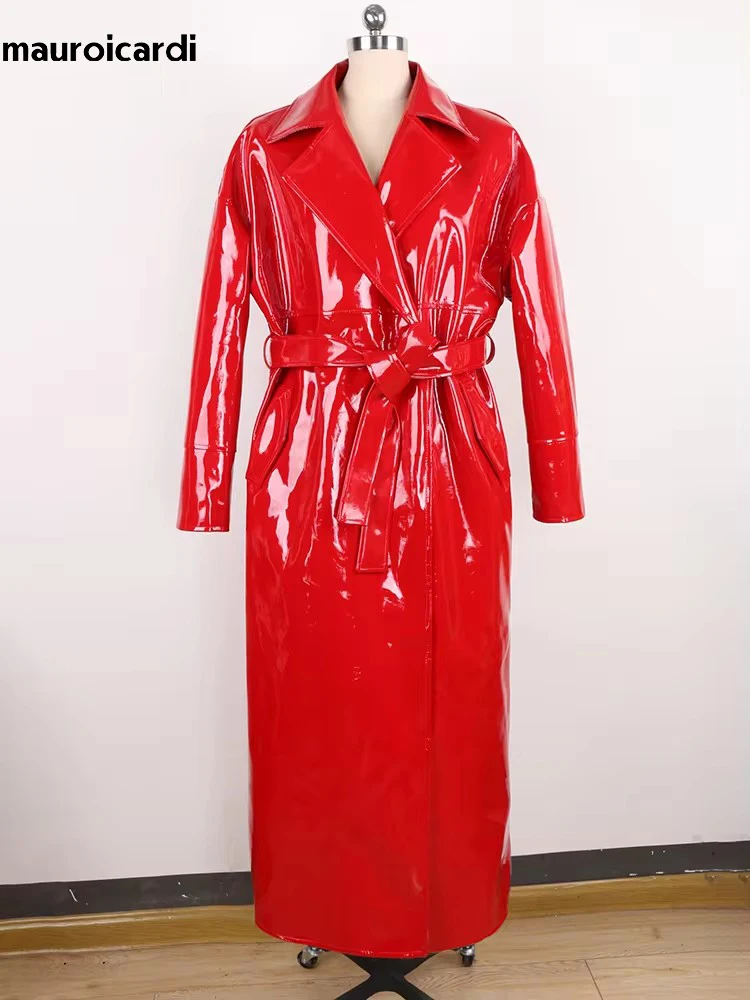 Mauroicardi Autumn Long Waterproof Shiny Reflective Red Patent Pu Leather Cocoon Coat Women Sashes Loose Runway European Fashion