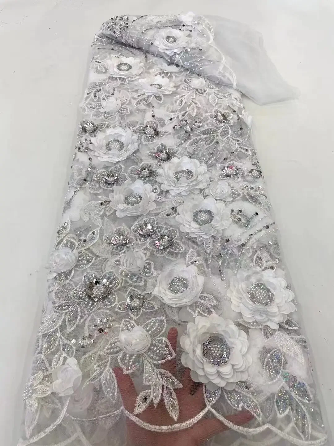 

African Lace Fabric 2022 Pink High Quality Lace Sequins French Net Lace Tulle Mesh Fabrics Pure White 3D Lace Wedding Fabrics