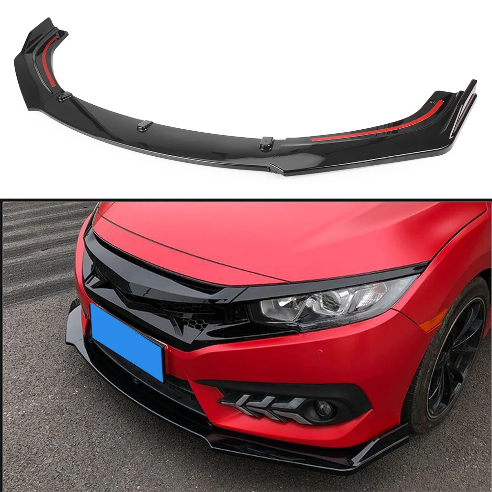 Alerón de parachoques delantero de coche negro brillante, embellecedor divisor de labio para Honda Civic Sedan 2016 2017 2018 2019 2020, plástico ABS 3 unids/set