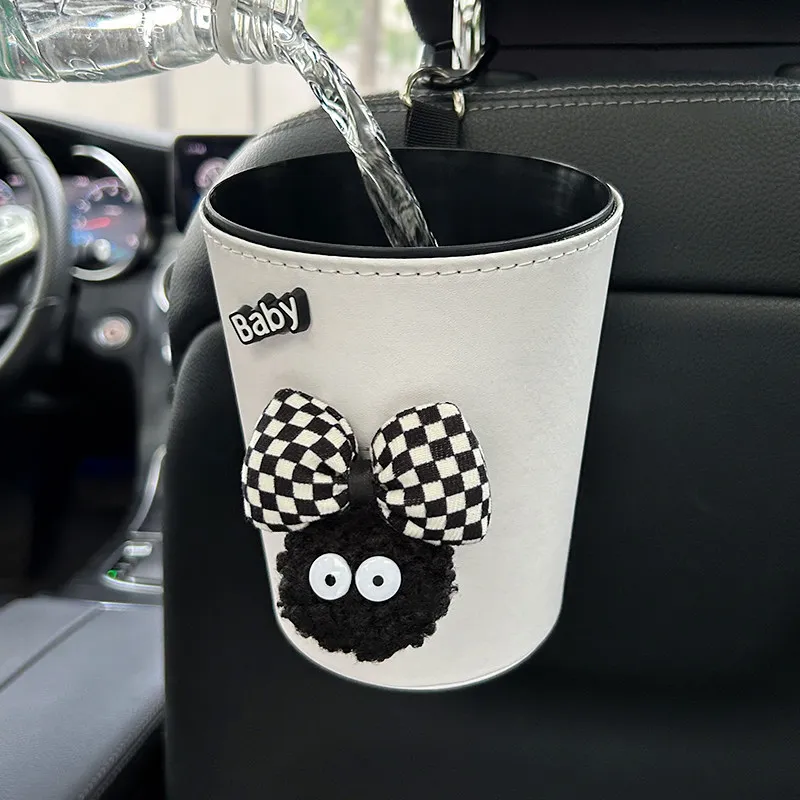 2pcs Leather Car Trash Bin Can Cute Cartoon Coal Ball Auto Back Seat Headrest Organizer Rubbish Bag Garbage Air Vent Storage Box