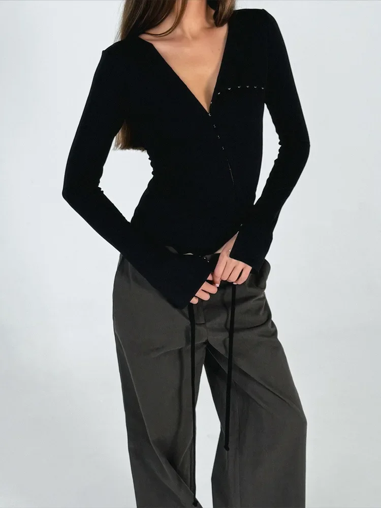 

Женская повседневная однобортная рубашка, модный однотонный топ с длинным рукавом, ажурный, с разрезом, облегающий, весна 2026, для повседневной носки, в стиле Highstreet