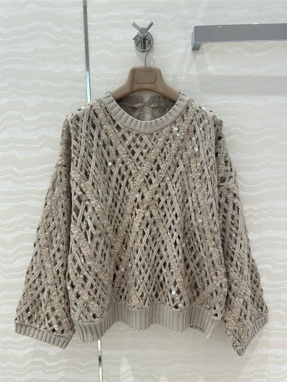 High Quality Hollow Crochet Pullover For Woman Sequins Knitted  Cashmere Sweater Casual All-match