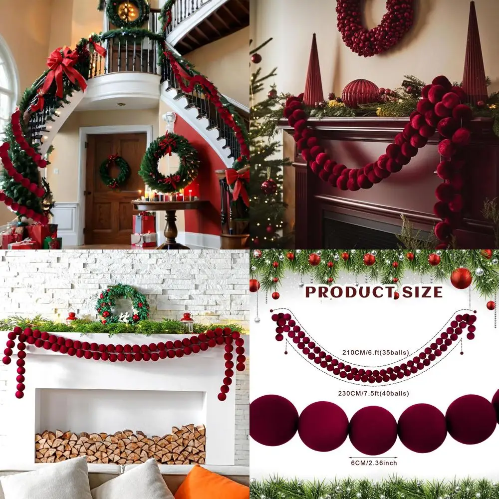 

Christmas Velvet Ball Garland, 6.8ft & 7.8ft, Burgundy, 2.3 Inch Balls, Tree and Fireplace Decor, Holiday Party, Indoor Outdoor