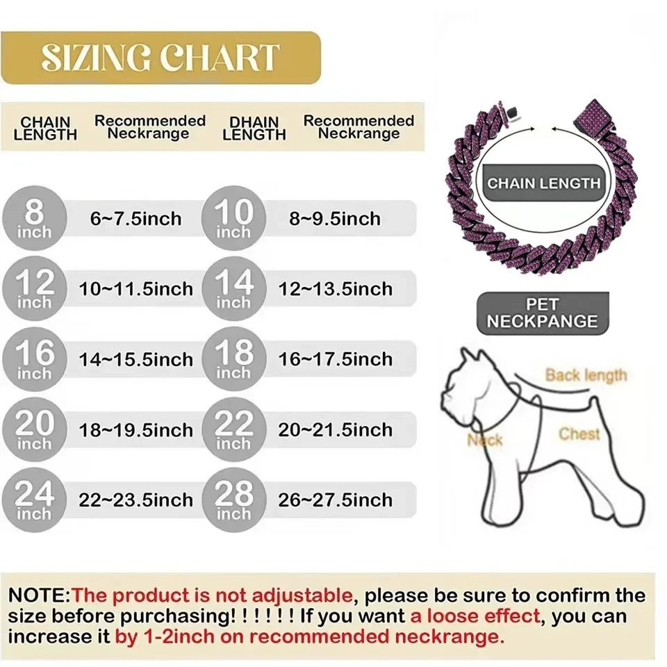 14/15mm Purple Lab Diamond Dog Cuban Chain Collar Secure Buckle Pet Necklace Jewelry Accessories For Small Medium Large Dogs Cat