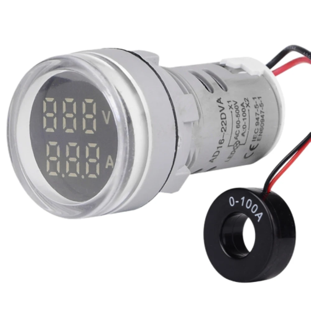 Digital Voltage Current Ampere Meter Indicator AC 60-500V 0-100A Round LED Dual Display Amp Volt Ampermeter Voltmeter Ammeter