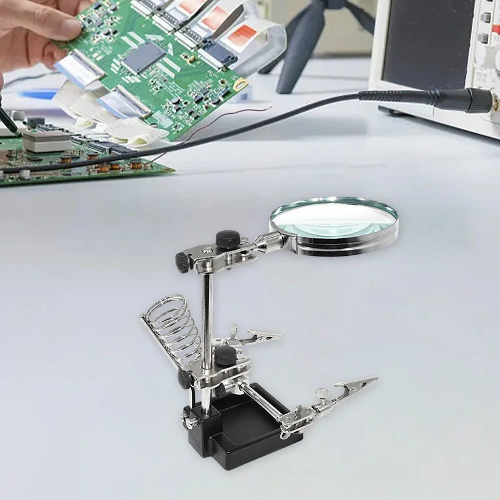 3X Magnifying Glass with Third Hand Support and Adjustable Clips for Soldering Workbench Tasks and Electronics Repair