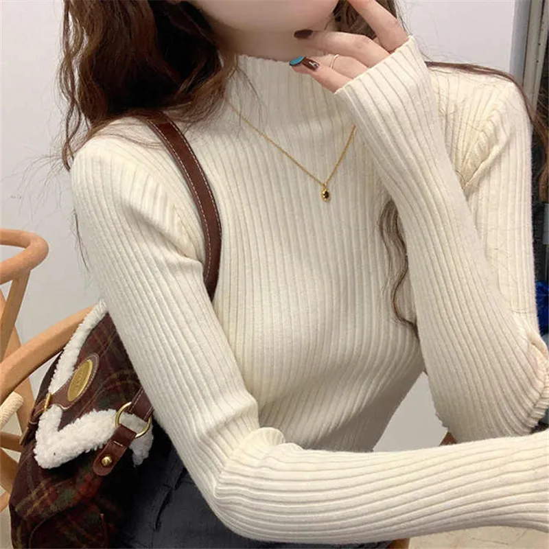 Maglione lavorato a maglia Donna Pullover Nuova manica lunga Collo a lupetto Maglione lavorato a maglia bianco Pullover Donna Top Maglioni Sueters De Mujer Q759