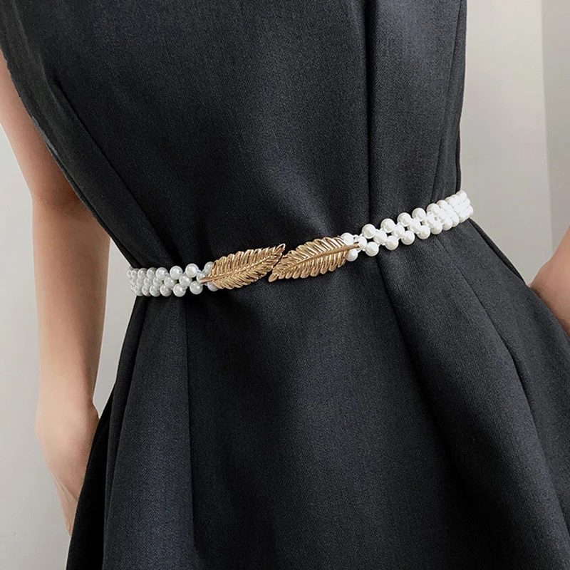 Women Pearl Waist Chain Pearl Inlaid Diamond Elastic Belt With Waist Decoration Thin Belt Beaded Elastic Belt