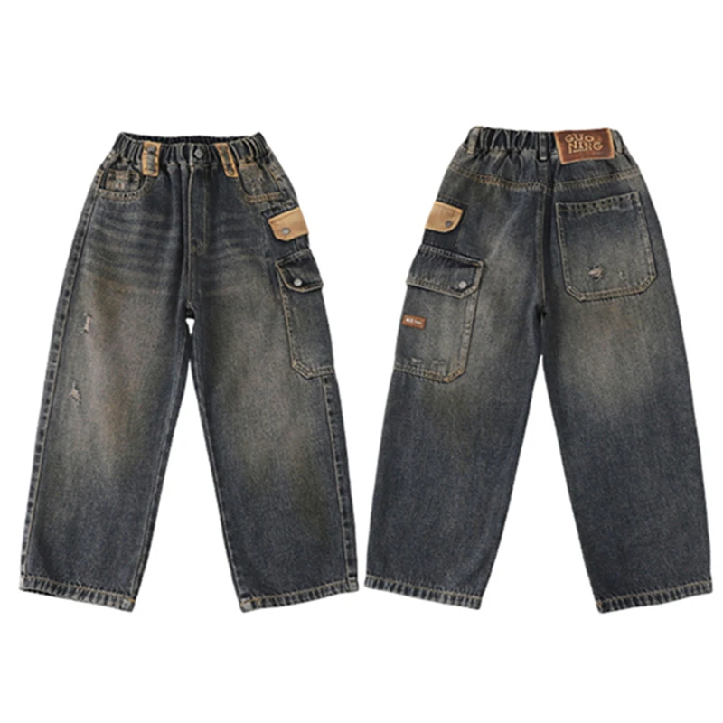 Koreanische Kinder Distressed Jeans mit Tasche für Teenager Jungen lose gerade Denim Hosen neue Kinder Designer Mode Retro Hosen