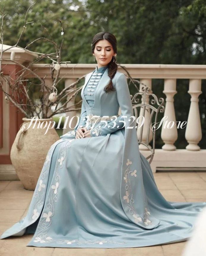 Blue Arabian Bridal Wedding Dresses Luxury High Neck Muslim Caucasian Ethnic Wedding Dresses فساتين للمناسبات الخاصة