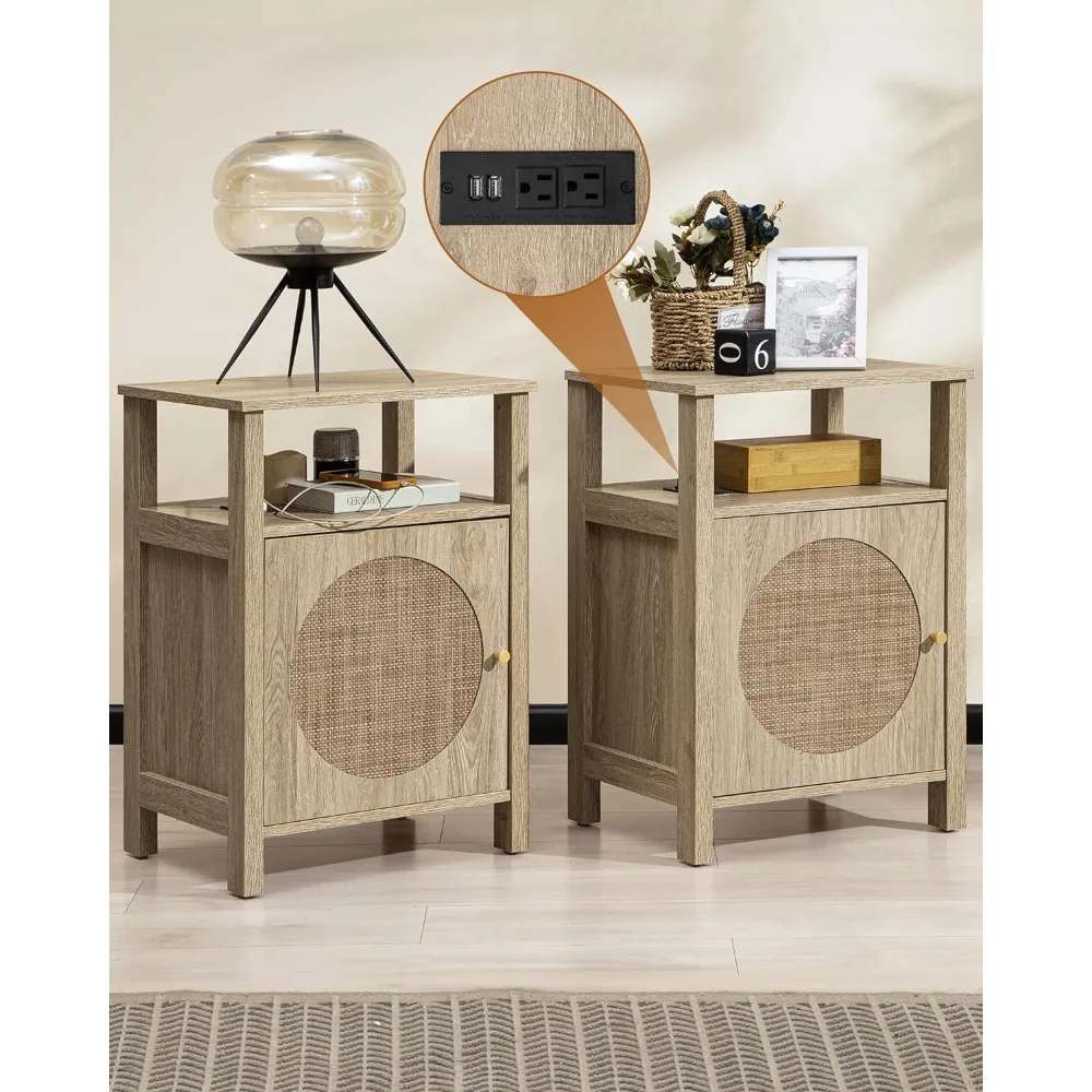 Rattan Nightstand Set of 2, Boho Tall Night Stand with Charging Station, Wooden Farmhouse Bedside End Table with Storage