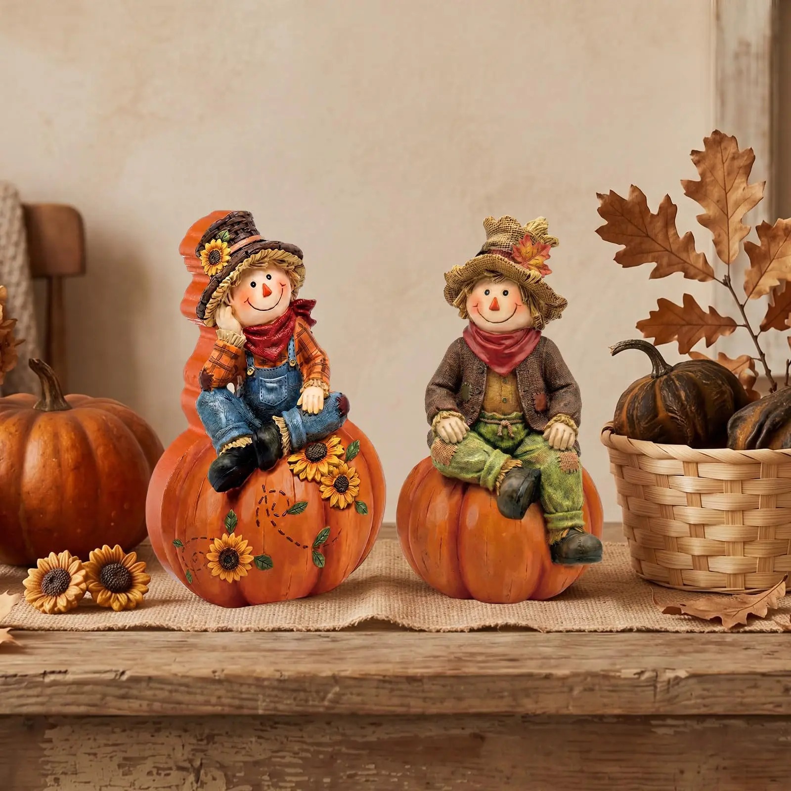 2-Piece/Set Autumn Scarecrow Wooden Ornaments, Wooden Thanksgiving Table Decorations, Vintage Autumn Standee Table Decoration