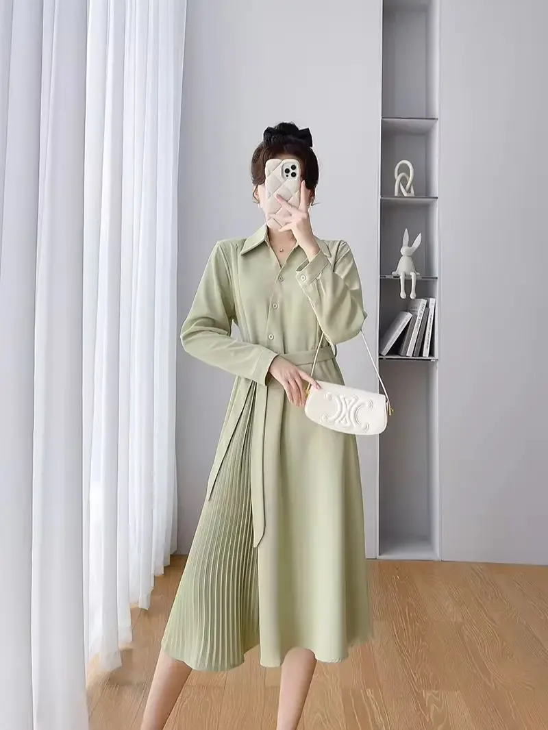 Autumn Maternity Dress Formal Long Sleeve Turn-down Collar V-neck Pregnant Woman Pleated Dress Elegant Pregnancy Dress with Belt