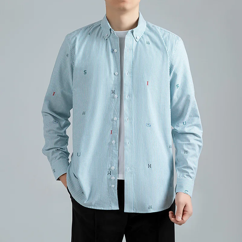 

New Printed Letter Spring Autumn Cotton Long Sleeve Shirt Men's Business Blue Striped Casual Breathable Shirt Men's