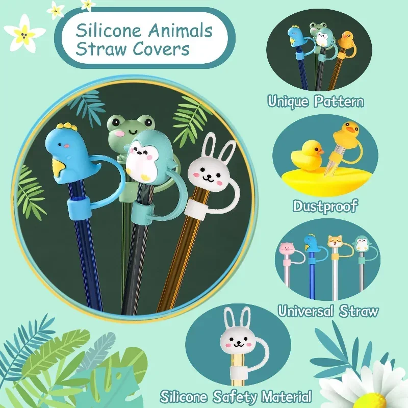Cute Animal Silicone Straw Toppers, Reusable Anti-Dust Straw Caps, Universal Drinking Cup Straw Accessories
