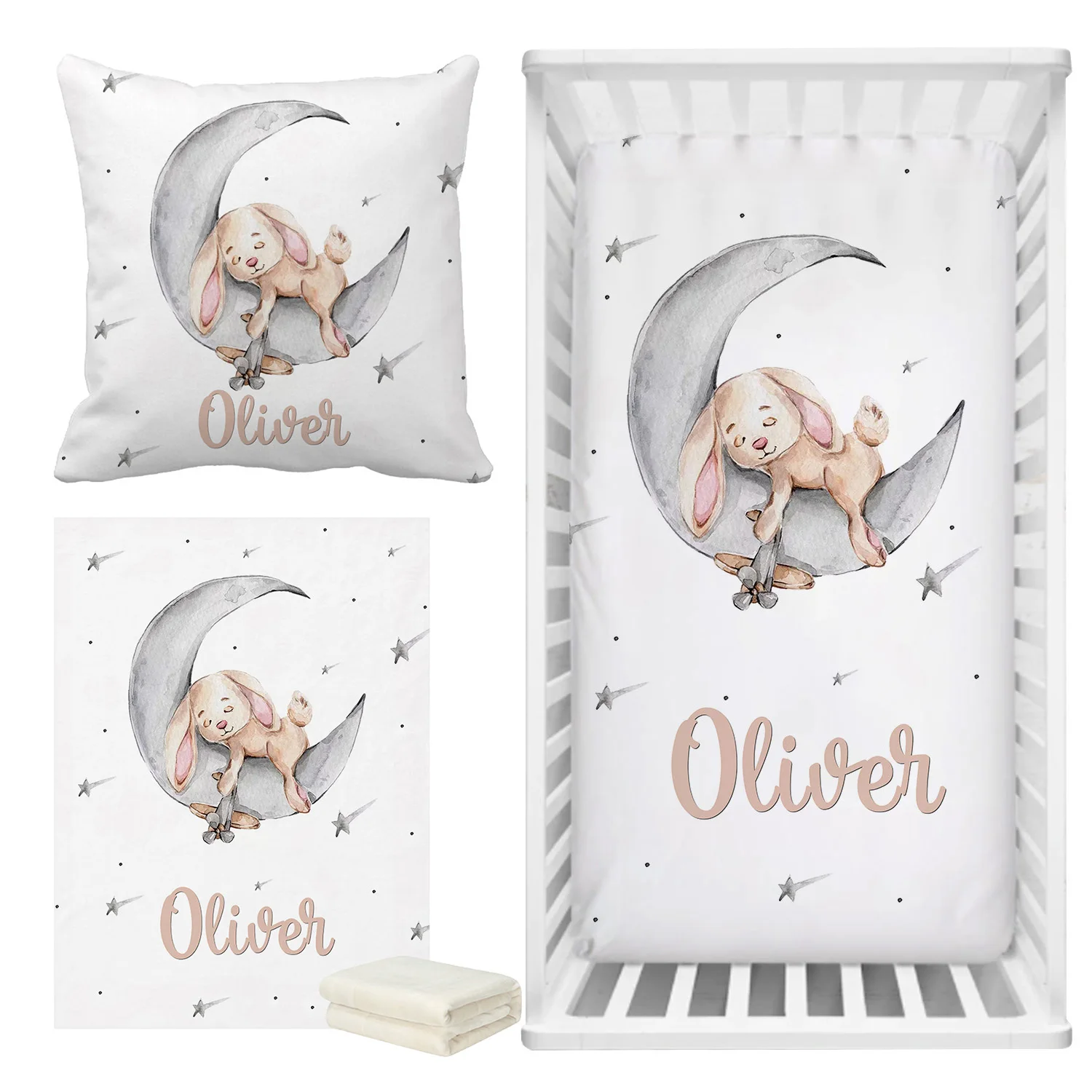 

LVYZIHO Sleeping Bunny Custom Name Crib Sheet Set, Sleeping Bunny Sleep on Moon Crib Bedding Set, Baby Shower Gift Bedding Set