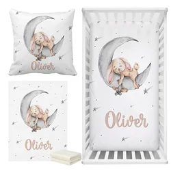 LVYZIHO Sleeping Bunny Custom Name Crib Sheet Set, Sleeping Bunny Sleep on Moon Crib Bedding Set, Baby Shower Gift Bedding Set