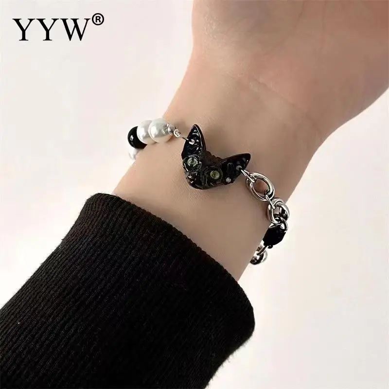 Black Sphinx Cat Gothic Punk Titanium Steel Bracelet For Women Girls Y2k Personality Creative Cat Hip Hop Party Jewelry 16.5cm