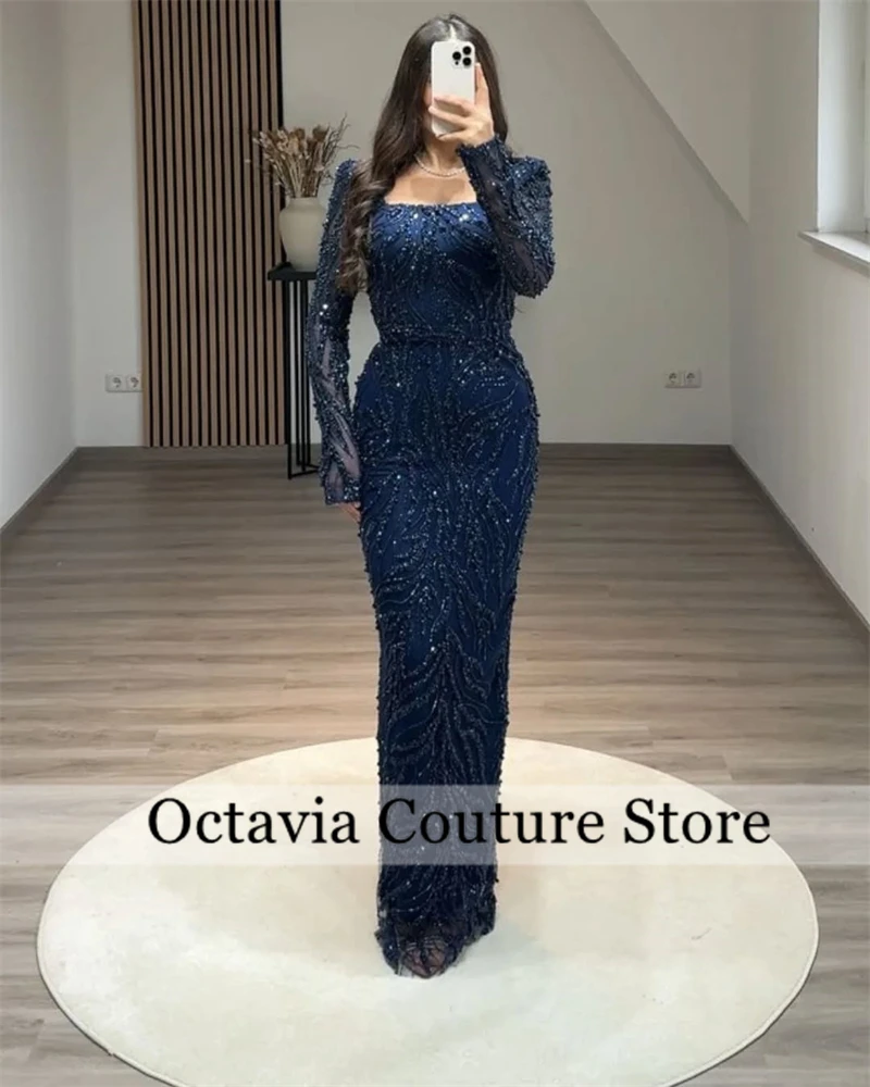 

Saudi Arabic Navy Blue Evening Dress Customized Square Neck Full Sleeves Beading Sequined Sheath Pageant Party Gown فستان وردي