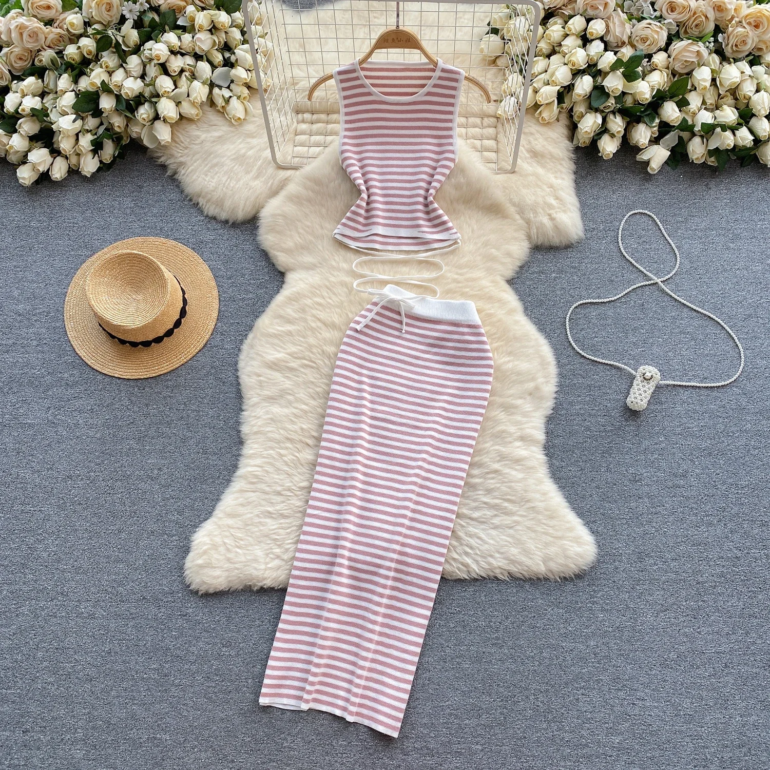 Elastic Beach Style Holiday Suits O Neck Sleeveless Sexy Top+High Waist Bodycon Skirt Women OL Stripe Knitted Two Pieces Sets