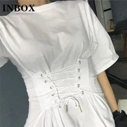 2023 Summer Korean Chic Lace Up White T Shirt for Women Short Sleeve Casual Shirts Lady  Solid Color Girls Tops Female Clothing