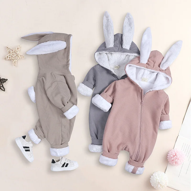 Winter Newborn Baby Romper with Rabbit Ear Design Fleece Lined Crawler Suit Unisex Pure Color Jumpsuit for Boys And Girls
