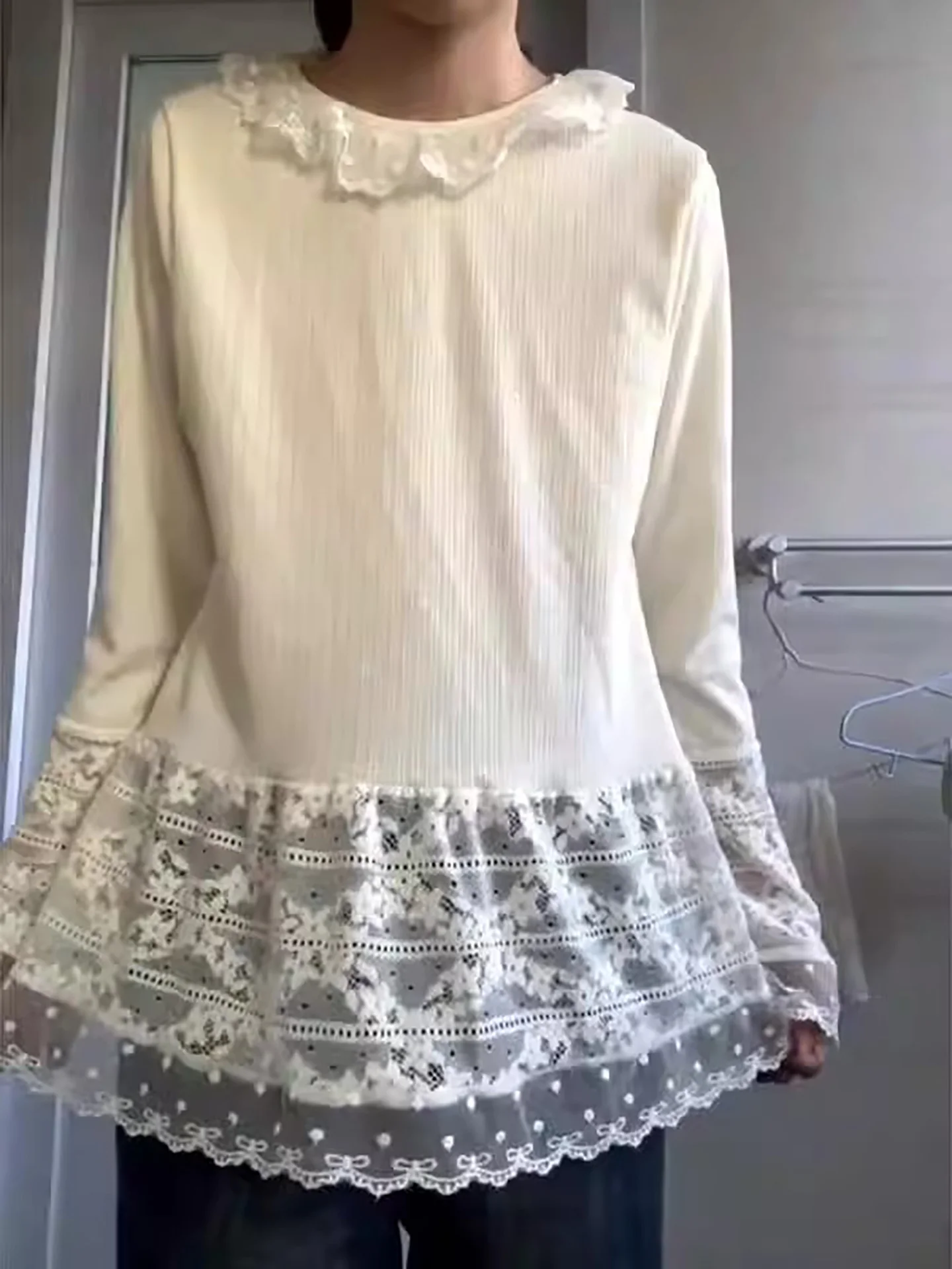 

Новый модный вязаный свитер Sweet Sle Long Sve с круглым вырезом, кружевной отделкой и вставками для девочек, весенний, стильный и милый топ