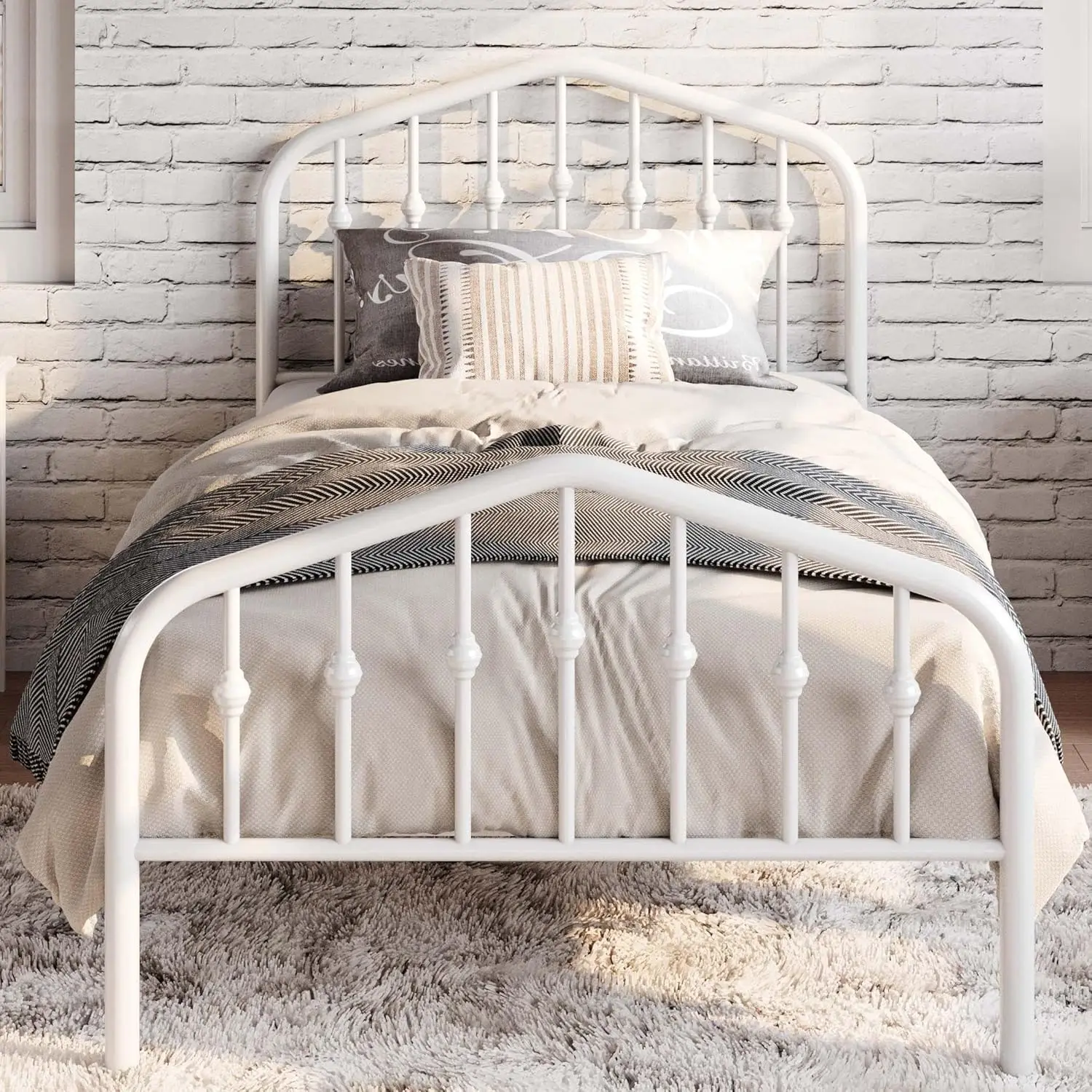 Victorian Style Twin Size Metal Platform Bed Frame with Wrought Iron Headboard, No Box Spring Needed, White
