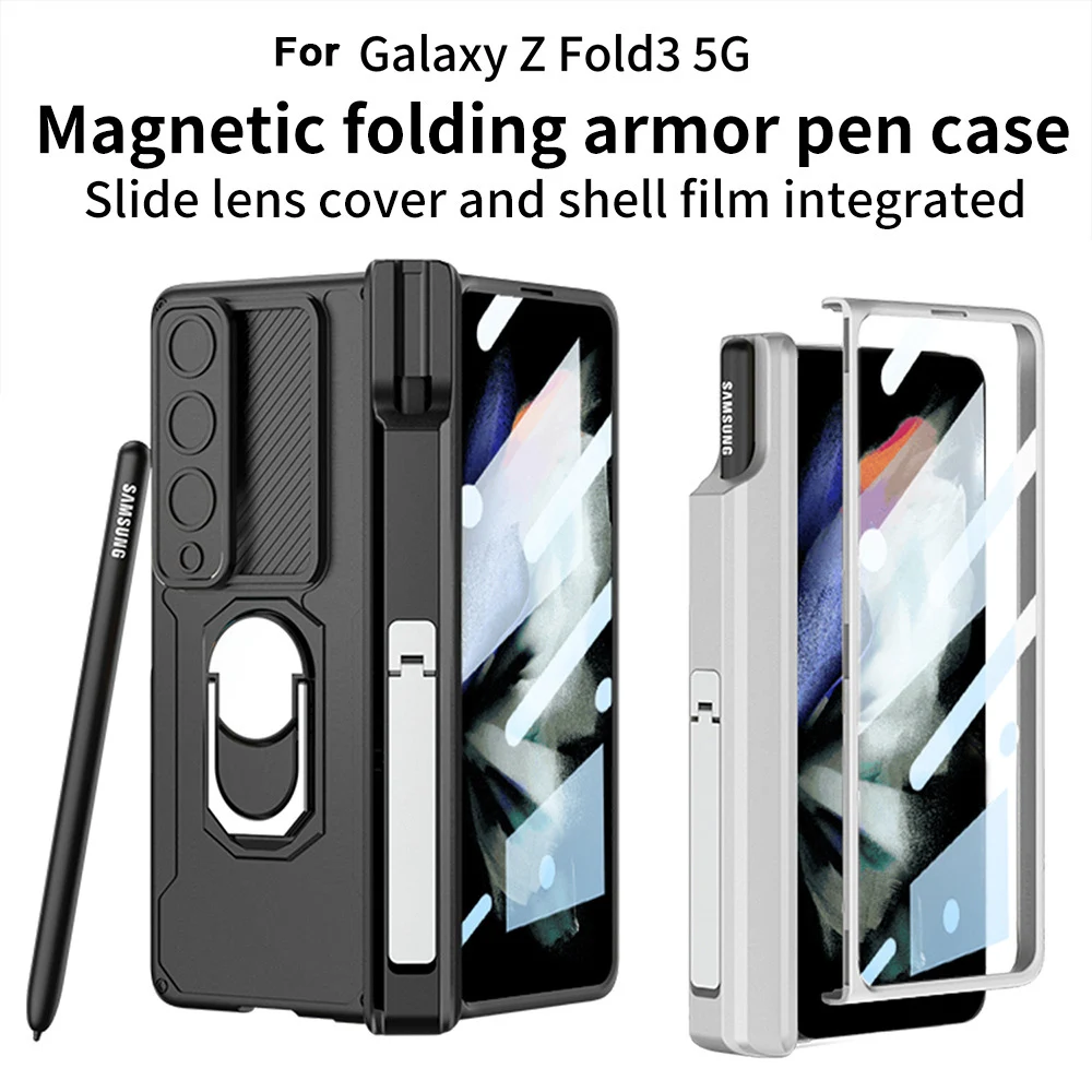 For Samsung Galaxy Z Fold 3 5G Case Magnetic Hinge Slide Lens Finger Bracket Pen Slot Holder With Tempered FilmShockproof Cover