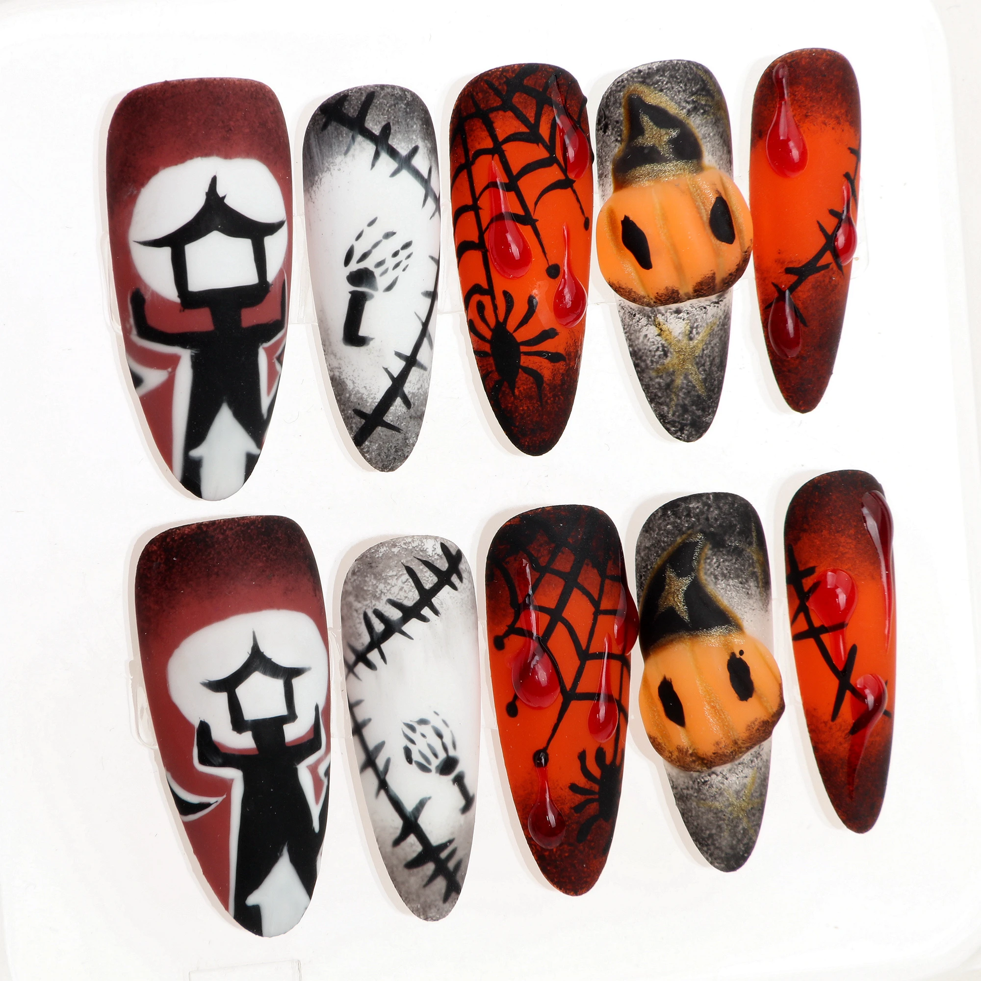 

10Pcs Handmade Bloody Pumpkin Press On Nails,Custom Hand-painted Black Halloween Pumpkins,Spider Webs,Ghost,Perfect Spooky Press