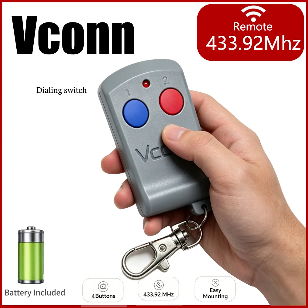 VCONN 2 Button Garage Door Remote Control 433.92MHz Rolling Code Universal Gate Opener Key Fob with Clip for Roller Shutter Door