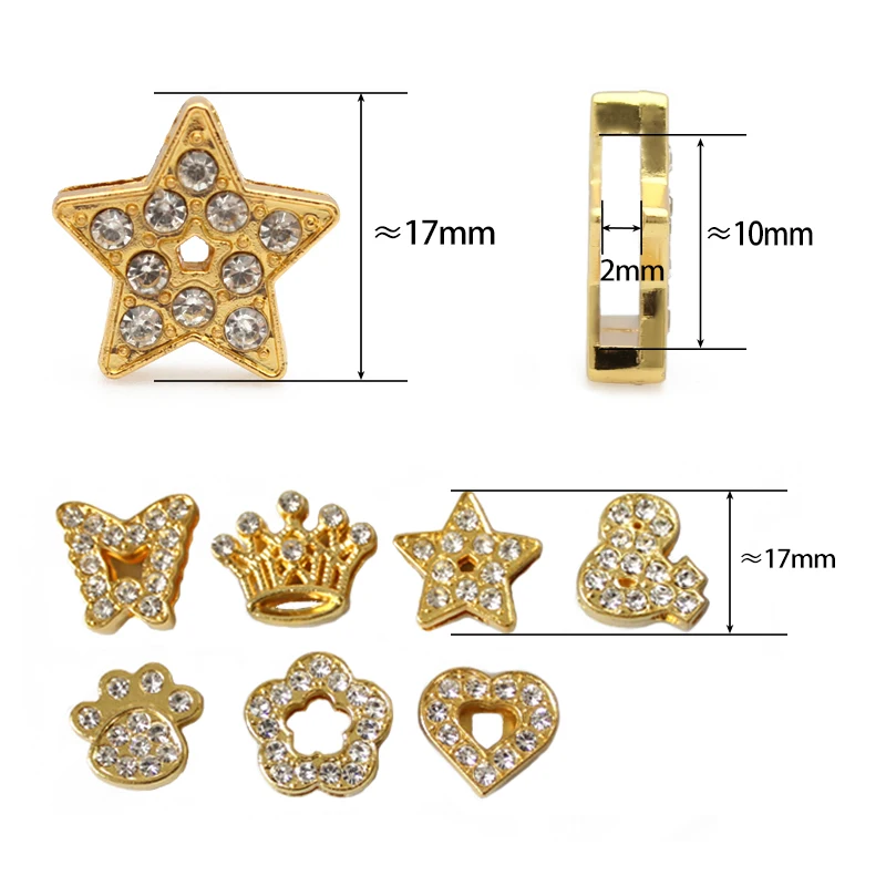 10PC/lot 10MM rhinestones gold color paw heart star butterfly crown Slide Charm For 10mm DIY Bracelet Wristband Jewelrys Making