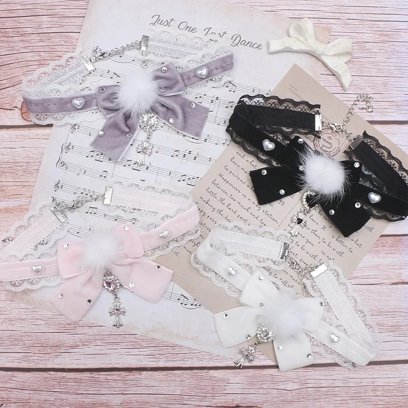 日本製大量生産ミンクヘアボールラブラインストーンクロスペンダントレースエッジチョーカーネックレス