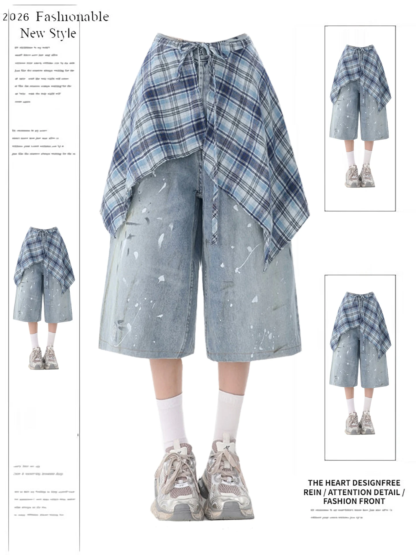 

Retro American Spill-Dye Denim orts Women's Summer Loose Straight Leg Wide Leg Seven-Quarter Pants High Waist Casual Sle