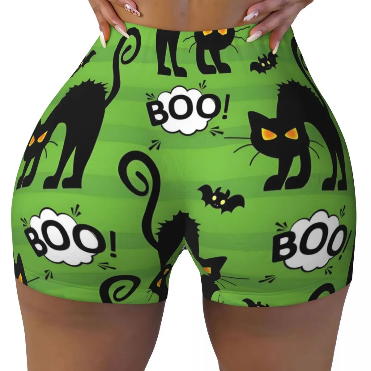 Custom Halloween Angry Cat Allover Green Workout Shorts for Women Gym Volleyball Running Yoga Shorts