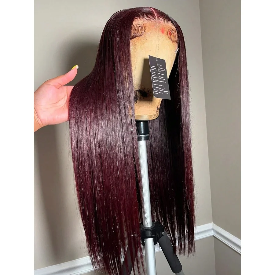 200% 99J Burgundy Lace Frontal Wig 13x4 Straight Lace Front Wig HD Transparent Lace Wine 99J Colored Pre Plucked With Baby Hair image 2