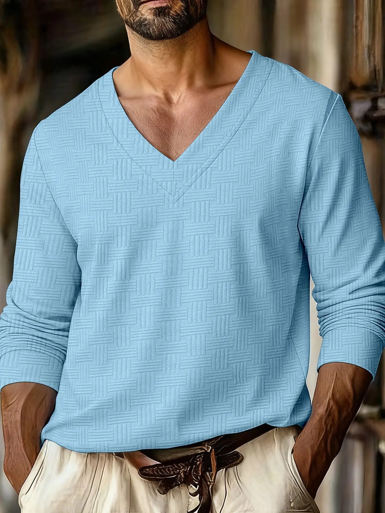 

2026 New Style Men's Spring Solid Color V-Neck Half-Closed Jacket Design Jacquard Pattern Casual Shirt