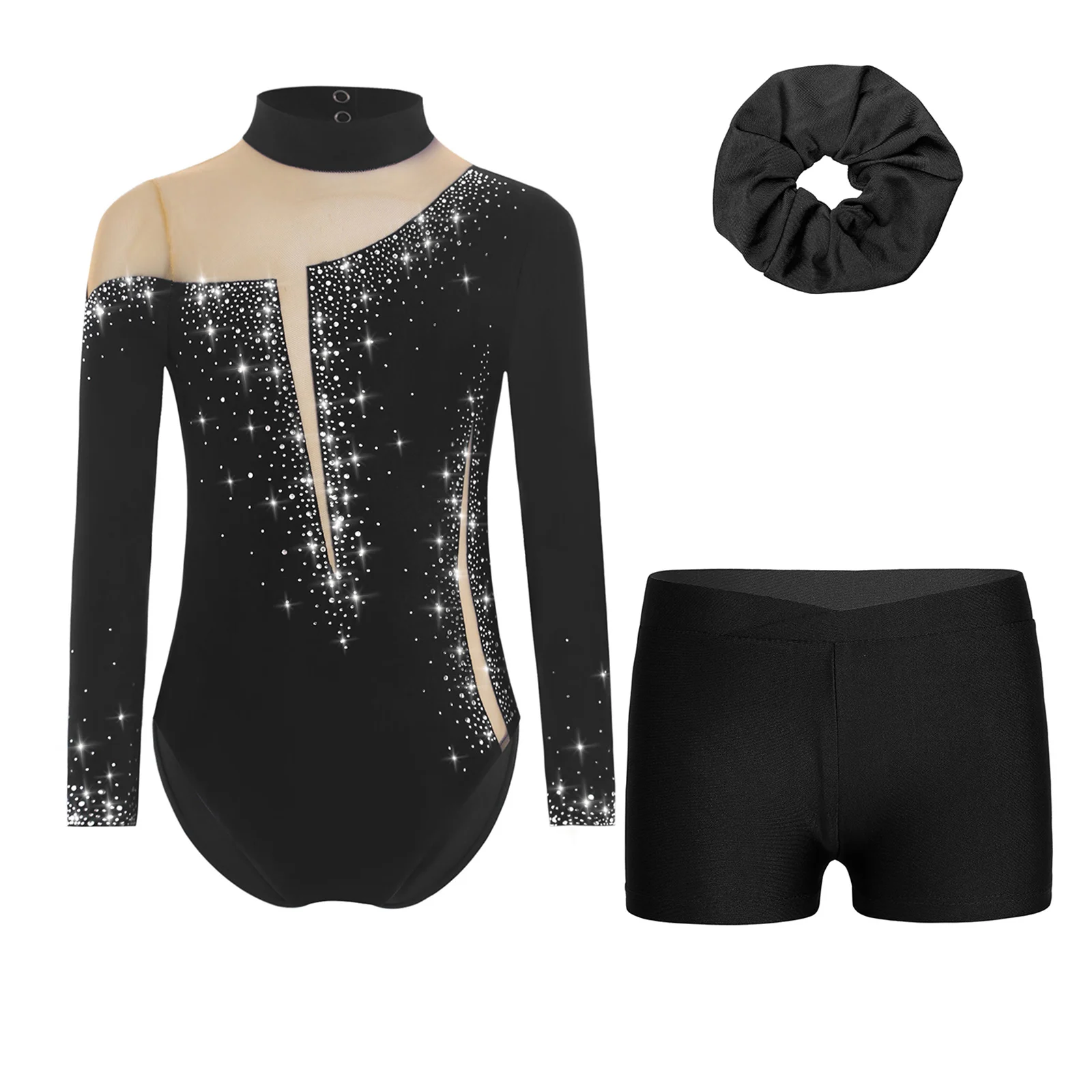 Body per bambina in maglia da balletto Body con strass scintillanti Ginnastica ritmica Pattinaggio artistico Costume Performance Dancewear