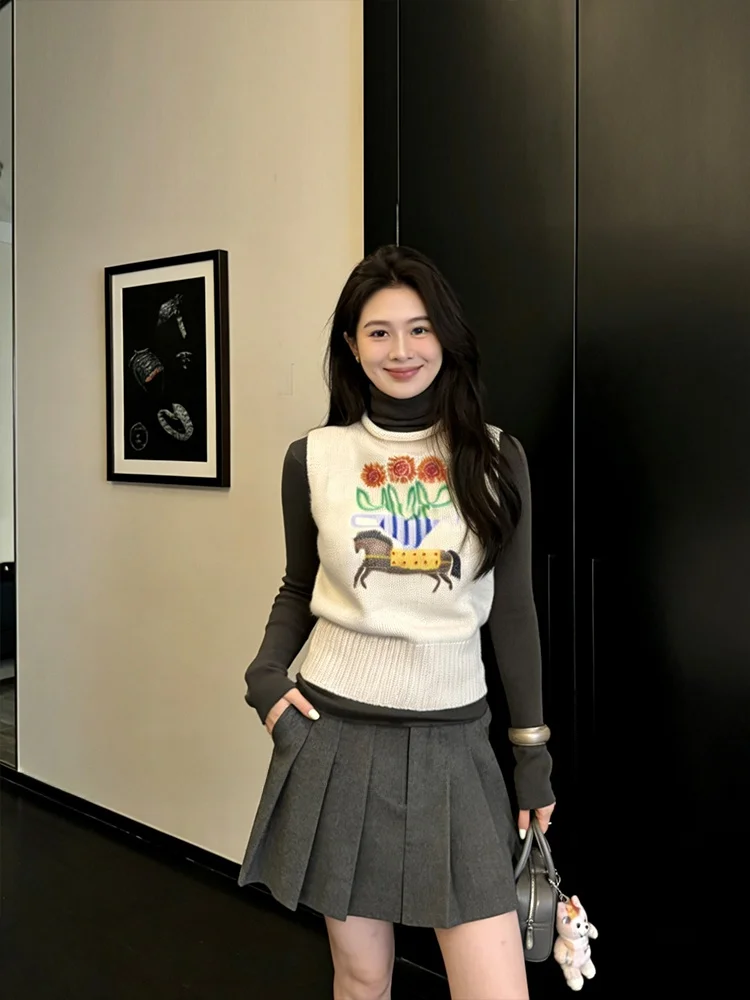 

Korean Sle Casual Embroidered Knitwear Women's round Ne Svel Vest Spring Faion Age Reduction All-Match