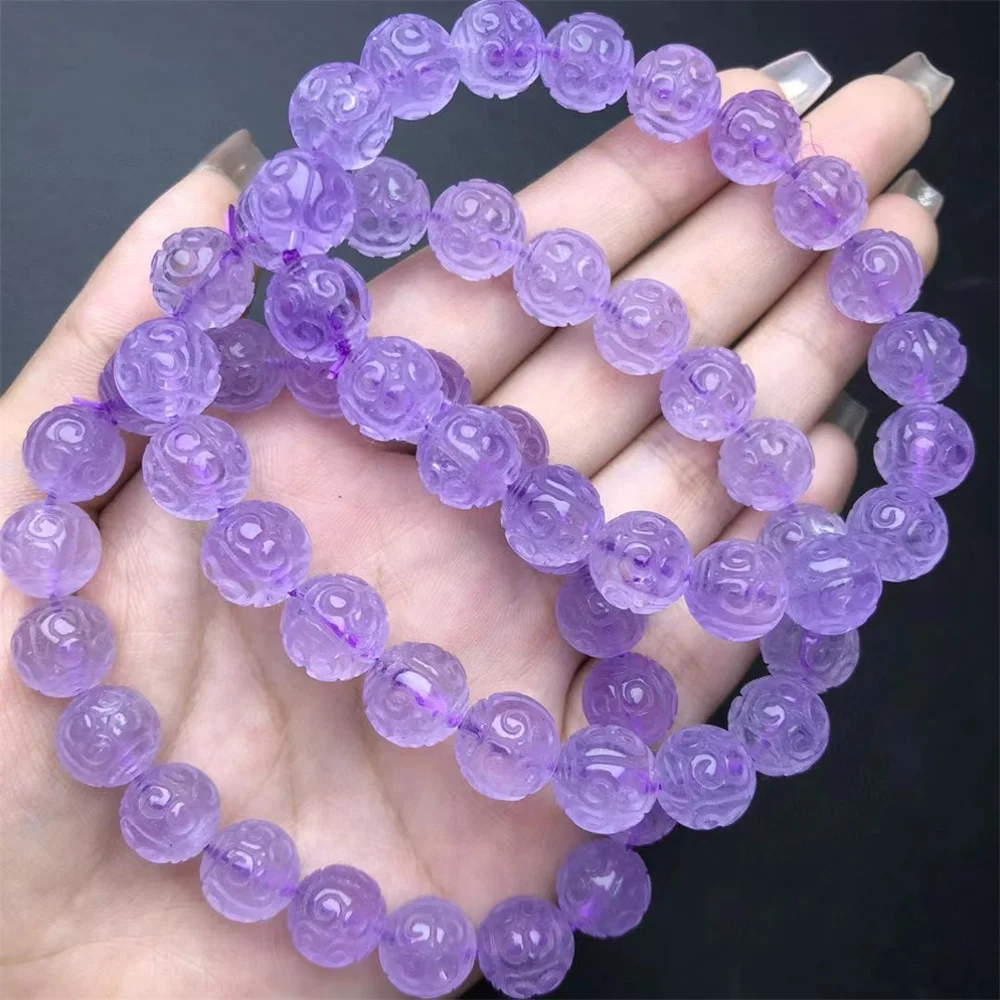 

1 Pc Fengbaowu Natural Lavender Amethyst Bracelet Engrave Fret Pattern Beads Reiki Healing Stone Fashion Jewelry Gift Women