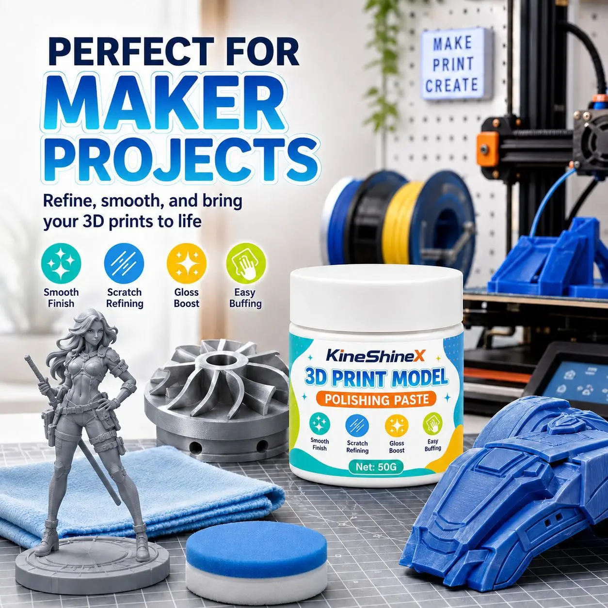 30g/50g 3D Print Model Polishing Paste with Towel, Scratch Refining Gloss Finish Compound for PLA ABS PETG Resin Models & Props