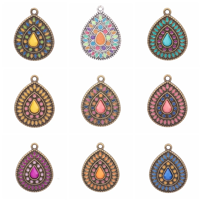 

DIY Vintage Metal Water Drop Pendant Bohemian Colorful Flowers Charms for Earring Necklace Jewelry Making Accessories