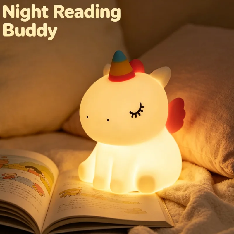 Cute Unicorn Silicone Night Light USB Rechargeable Tap Control LED Lamp for Bedroom Bedside Sleep Aid Gift