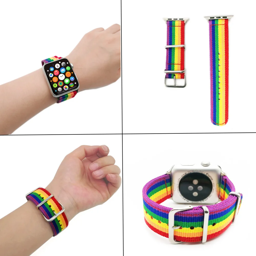 For Apple Watch Nylon Strap 41/45MM Series 7/SE/6/5/4/3/2/1 Rainbow Band Strap Adapters Metal Buckle  Iwatch 38/40/42/44MM