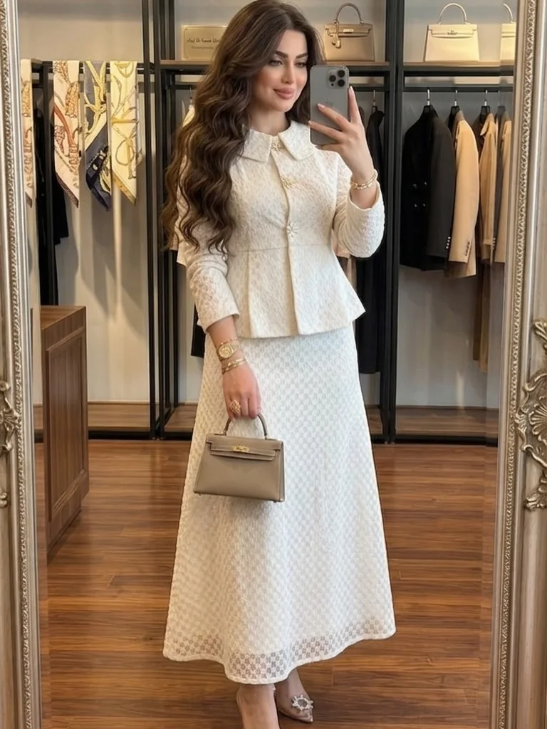 Fashion Two Piece Prom Dresses Women's High Collar Full Sleeve Evening Gown A-line Ankle Length Formal Party Dress Customzied