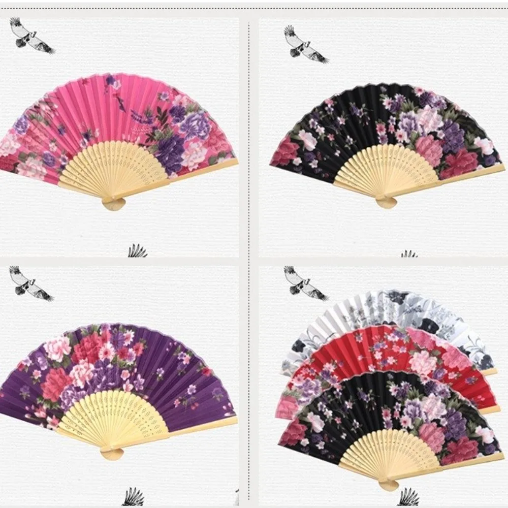 Silk Material Chinese Folding Fan Bamboo Wood Flower Pattern Folding Fan Folding Design Pink Color Vintage Fan Gift Giving