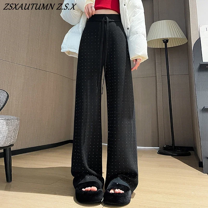 Diamond Knitted Wide-leg Pants Women Autumn Winter Korean Fashion High Waist Straight Loose Thick Casual Female Trousers