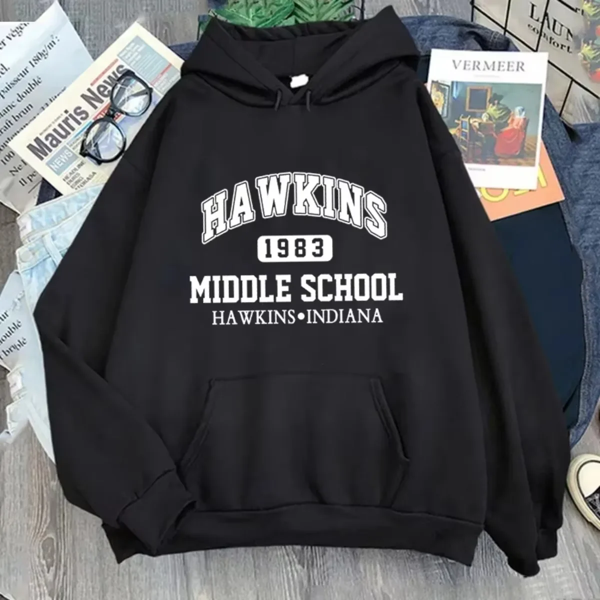 Fashion Hoodies HAWKINS 1993 Middle School Letters Print Sweatshirts Women Casual Hip Hop Streetwear Tops Autumn Hooded Pullover
