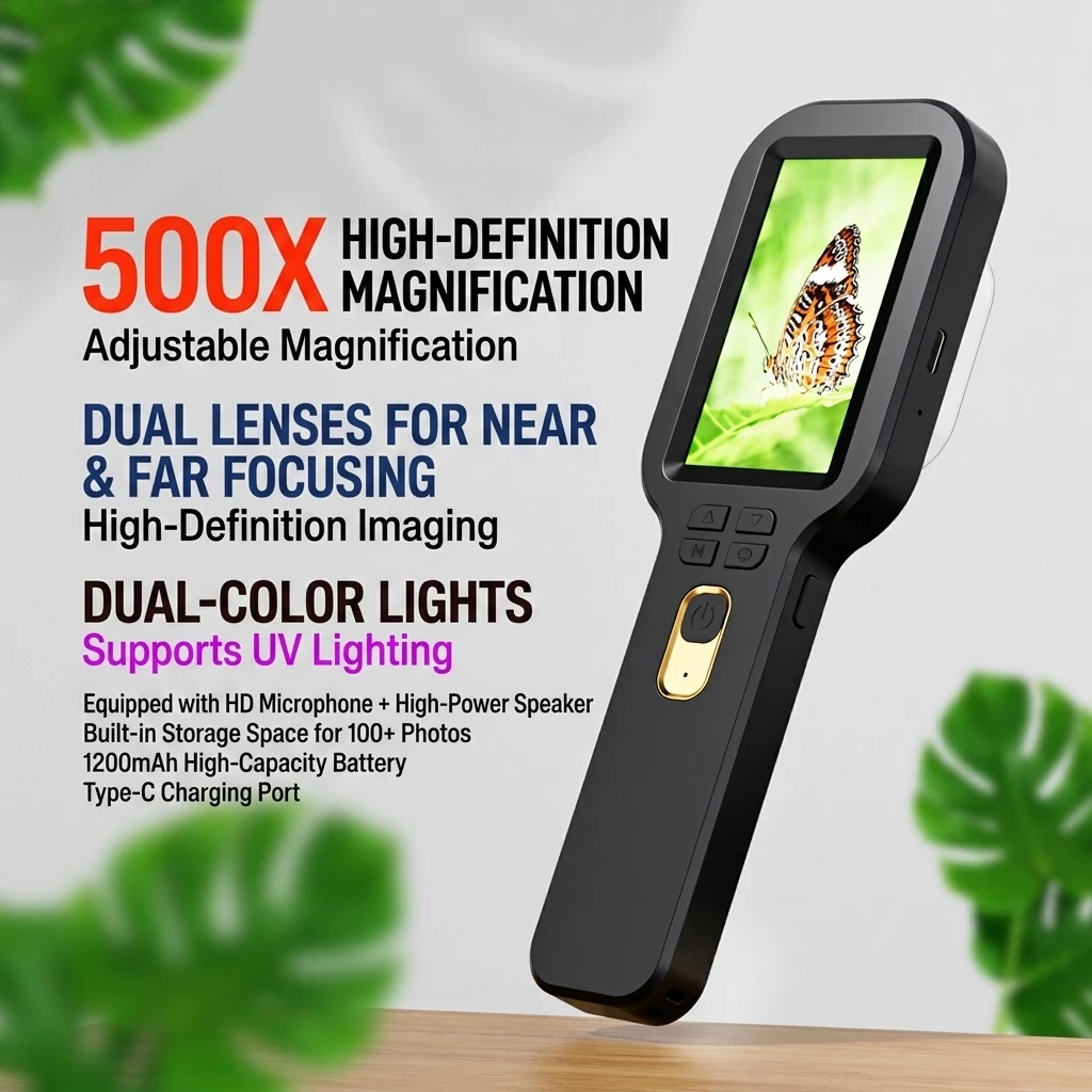 500X HD Photo Portable Handheld Digital Magnifier Video Pocket Children Adults Microscope Camera for Scientific