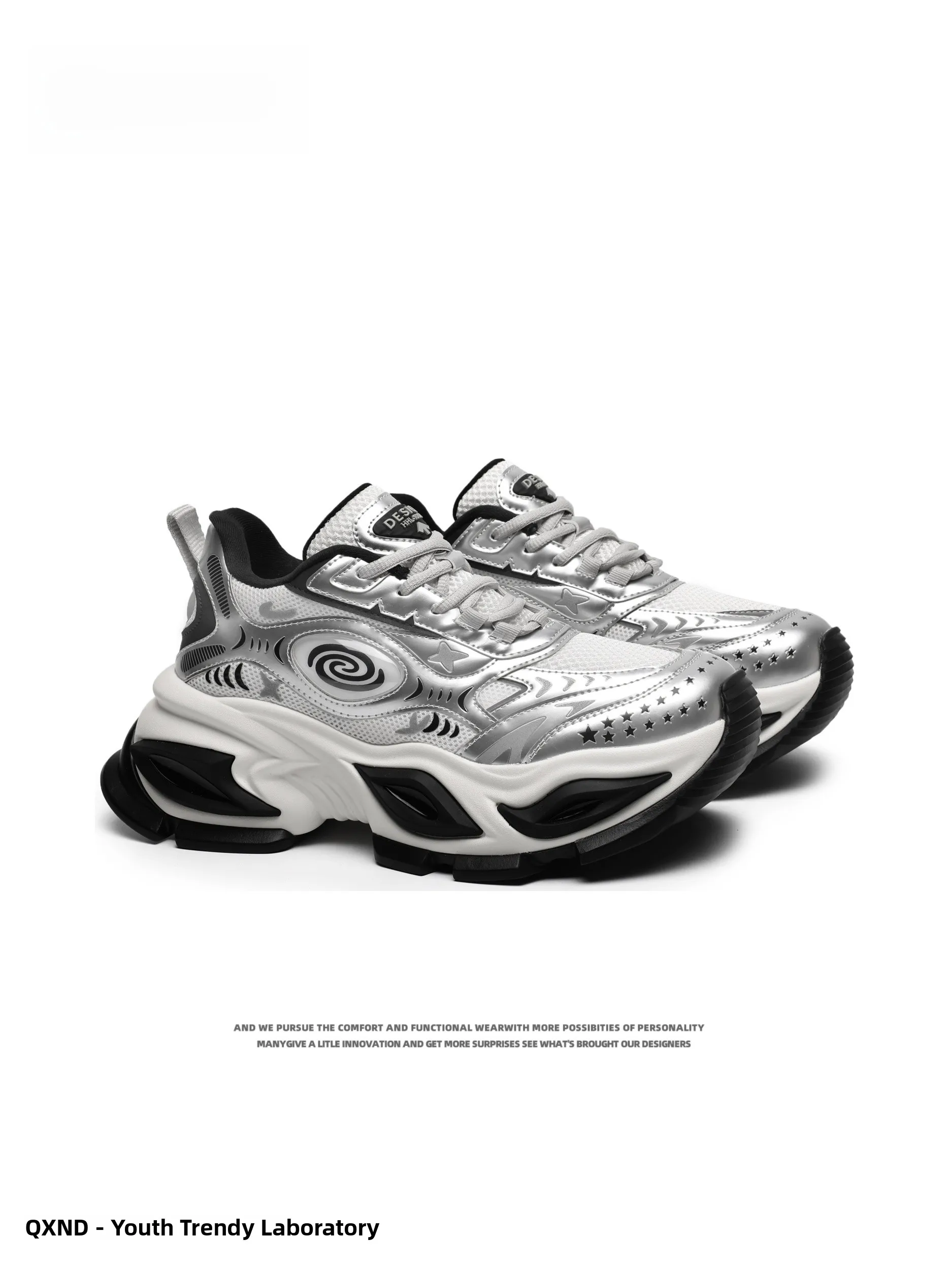 

QXND Devil's Eye 10CM Heightening Liquid Silver Autumn Mesh Breathable Thick Bottom Retro Dad Shoes Sporty Low Top Lace-Up Ca...